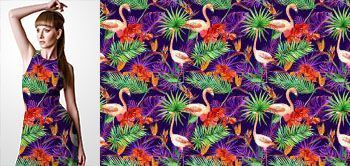13017 Materiał ze wzorem malowane zwierzęta (flaming), tropikalne kwiaty (strelicja, storczyk), tropikalne liście z tłem z liści w kolorze fioletu, w stylu akwareli